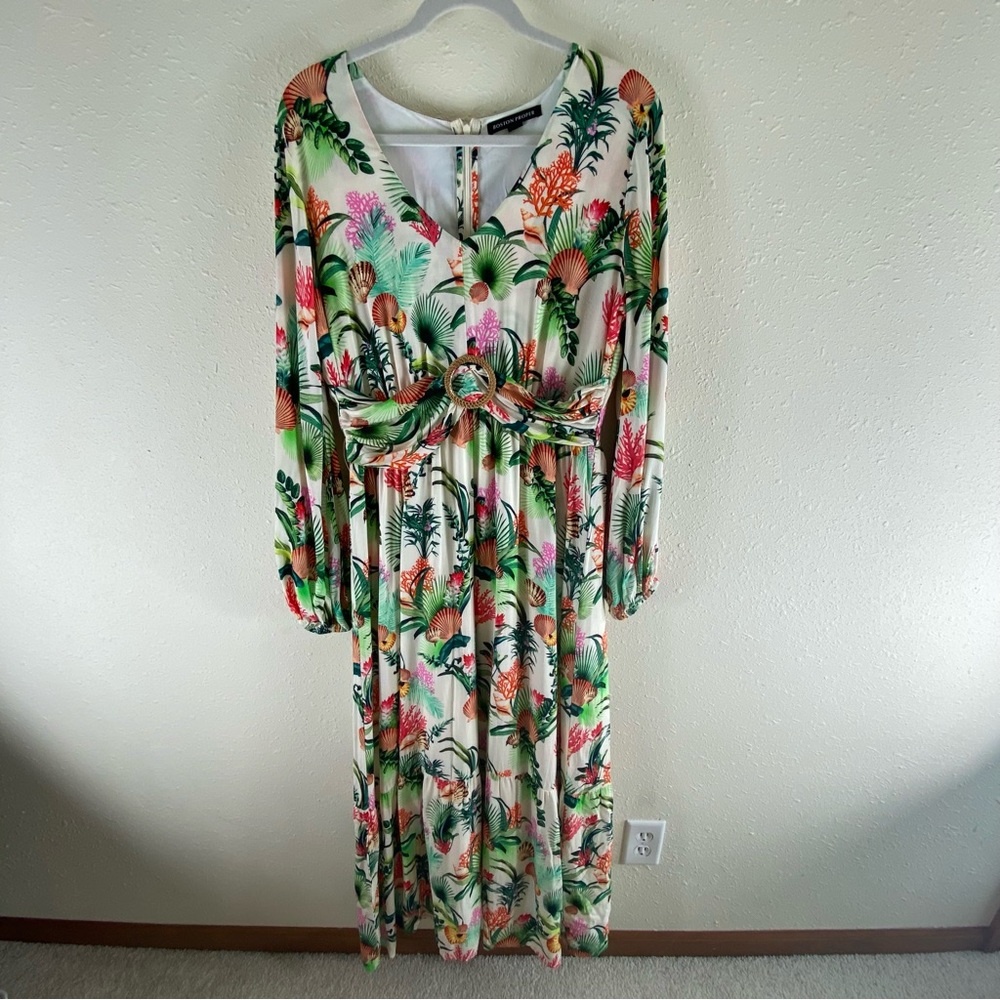 Boston Proper White Tropical Floral Maxi Dress with Green and Pink Accents